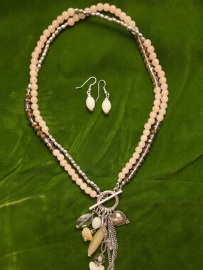 Handcrafted Champagne Beaded Pendant 16" Necklace with Dangle Charms + Earrings